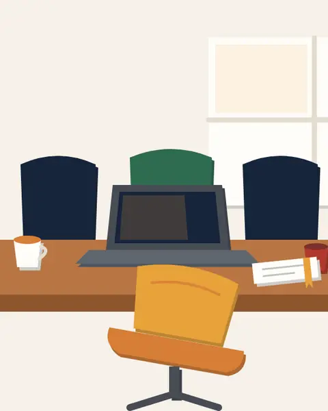 A meeting table seen from a low angle, one chair pulled out for you.
